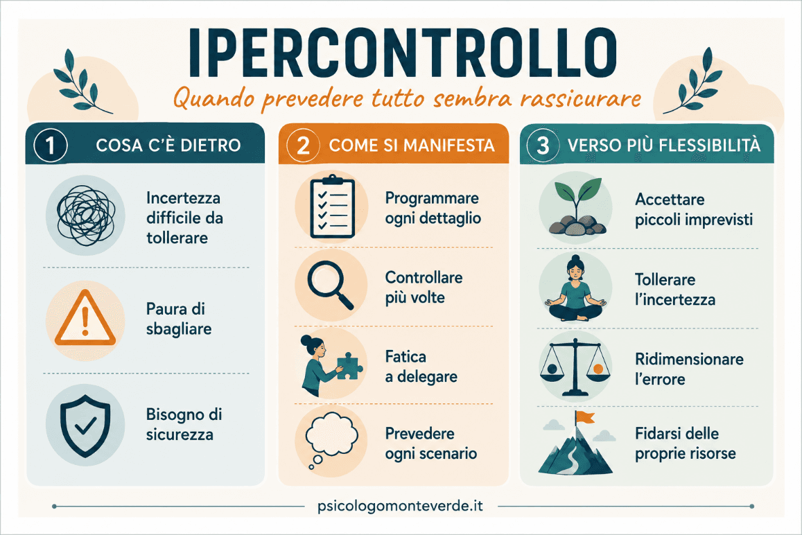 Infografica sull'ipercontrollo: incertezza, paura di sbagliare e bisogno di sicurezza possono portare a programmare e verificare ogni dettaglio; invita ad accettare piccoli imprevisti e sviluppare fiducia nelle proprie risorse.