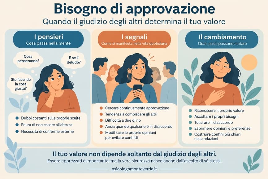 Infografica sul bisogno di approvazione, con tre colonne dedicate ai pensieri sulla paura di deludere, alla ricerca di conferme e ai passi per riconoscere il proprio valore e ascoltare i propri bisogni.