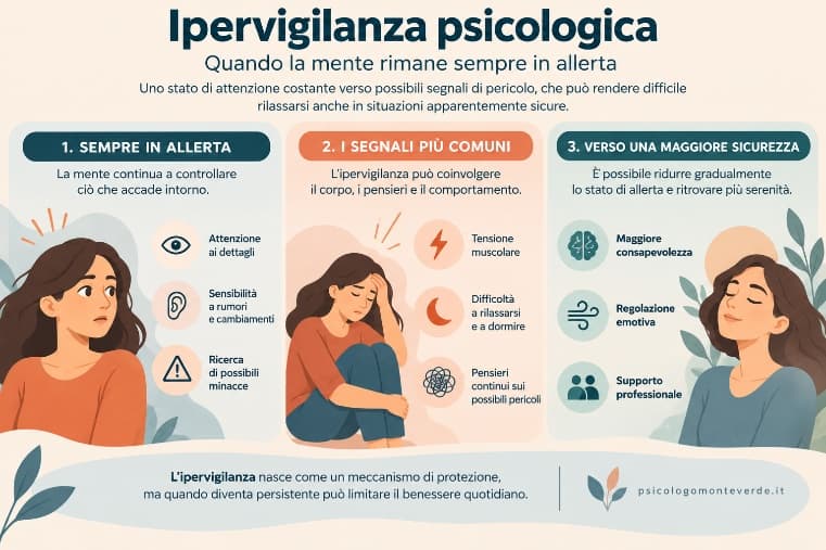 Infografica sull’ipervigilanza psicologica: attenzione costante ai possibili pericoli, segnali di tensione e difficoltà a rilassarsi, consapevolezza e supporto professionale.