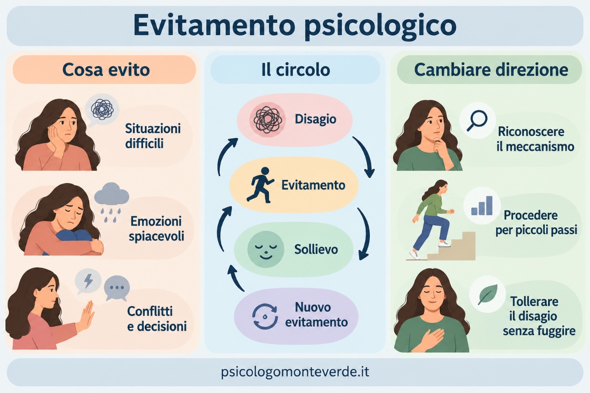 Infografica sull’evitamento psicologico: mostra situazioni ed emozioni evitate, il circolo tra disagio, evitamento e sollievo e tre direzioni per cambiare.