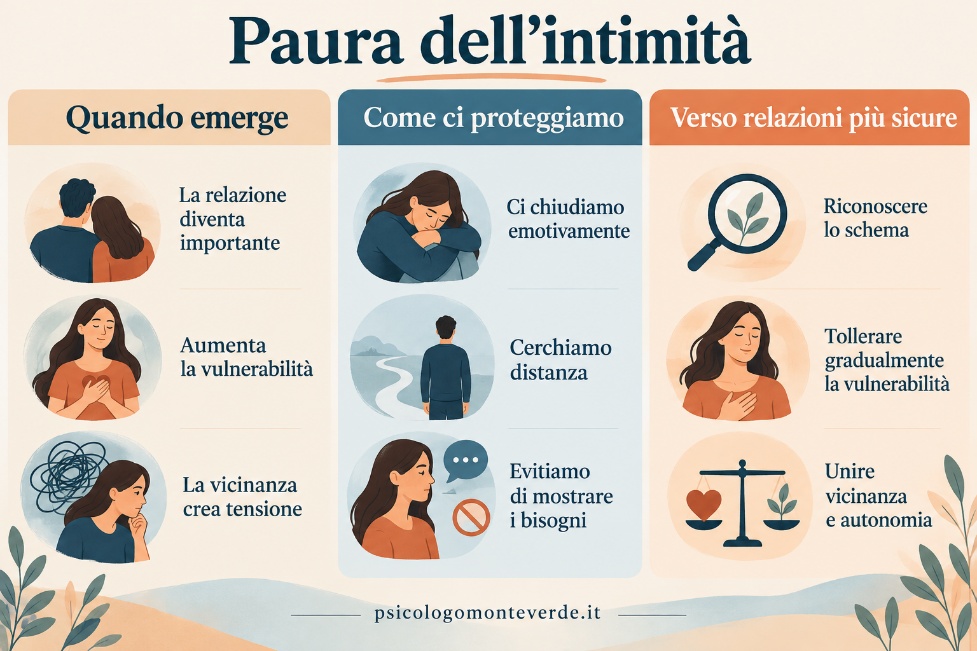 Infografica sulla paura dell’intimità: illustra quando emerge, i modi in cui ci si può proteggere e alcune direzioni per costruire relazioni più sicure mantenendo la propria autonomia.